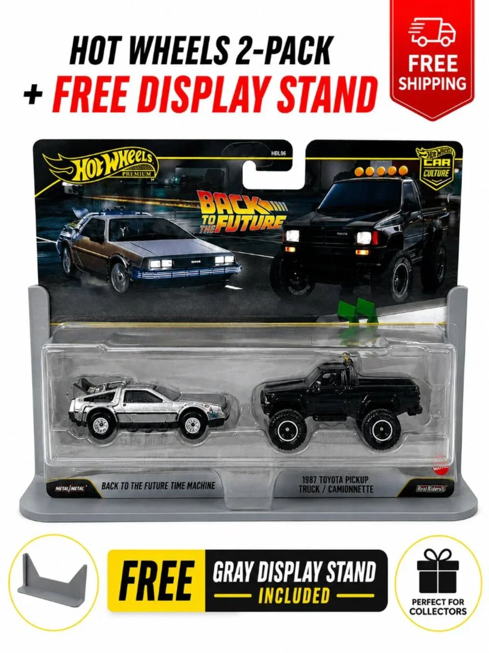 2026 Hot Wheels Premium 2 Pack, Back to the Future Time Machine & Toyota Pickup